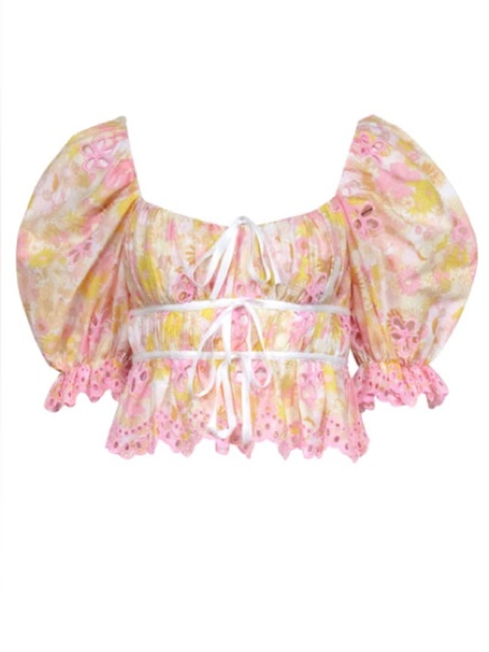 Women's Pink Floral Puff-Sleeve Crop Top size L